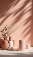 Pink and white vases with plants on a table photo