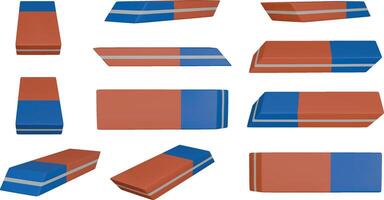 3d blue and red eraser in different views. isolated 3d eraser realisitc illustration vector