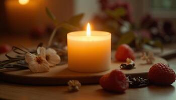 A candle is lit on a table with berries and flowers photo