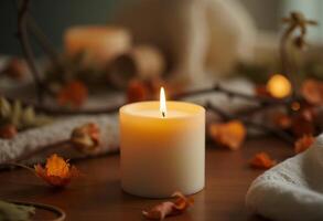 A candle is sitting on a table with leaves and flowers photo