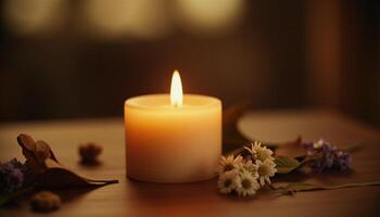 Candle with flowers on the table photo