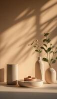 Three vases and a plant on a table photo