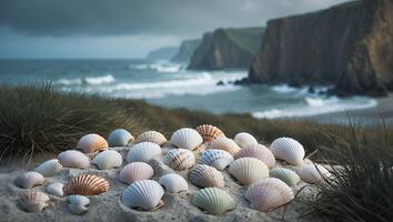 Seashells on Sandy Beach Overlooking Calm Ocean Water and Coastal Cliffs photo