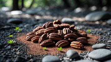 Pile of Pecan Nuts on Ground in Forest Environment Close-up photo