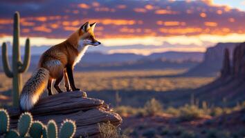 Fox Sitting on Rock Outcrop Watching Desert Landscape at Sunset photo