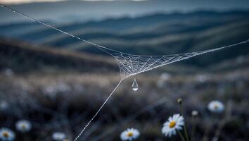 Spiderweb with Water Droplet in Field with Daisies and Hills photo