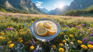 Slices of Lemon in Colander Placed in Wildflower Field on Sunny Day photo