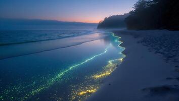 Glowing Bioluminescence on Beach Shoreline at Twilight with Forest Backdrop photo