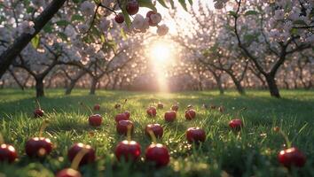 Cherries on Meadow with Blossoming Trees in Spring Sunlight photo