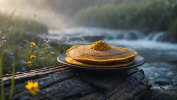 Pancakes Stacked on Wood Log Near River with Flowers photo