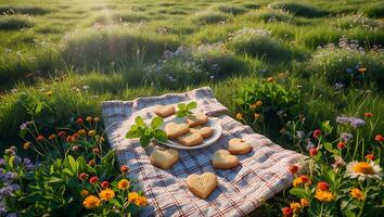 Enjoying Heart Cookies on Picnic Blanket in Sunny Wildflower Meadow photo