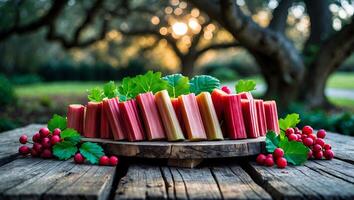 Rhubarb Stalks Arranged on Wood with Berries and Natural Background photo