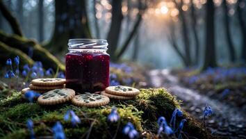 Cookies and Berry Jam in Glass Jar in Forest Setting photo