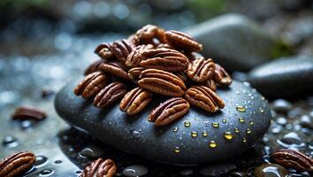 Pecan Nuts Piled on Stone with Water Droplets Outdoor photo