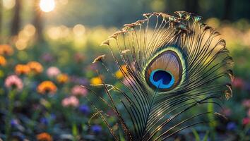 Peacock Feather Detail in Blooming Meadow During Golden Hour Light photo