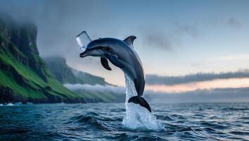 Dolphin Jumping Out of Water Near Coastal Cliffs at Dusk photo