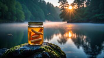 Pickled Carrots in Jar by Misty Lake at Sunrise Landscape photo