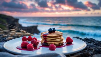Pancakes Stack on Plate with Berries and Ocean View at Sunset photo