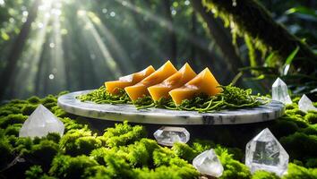 Serving Caramel Candies in a Forest Glade with Moss and Crystals photo
