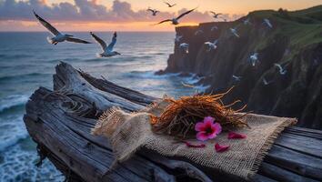 Coastal Sunset Scene with Seagulls, Cliffside View, and Floral Arrangement photo