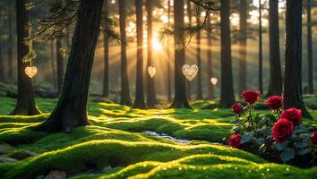Sunlight Illuminates Forest with Moss, Hearts and Red Roses photo