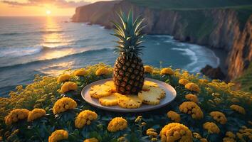 Pineapple Still Life with Slices on Plate by Ocean Sunset photo
