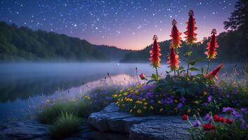 Scenic Lakeside with Wildflowers and Night Sky Reflecting in Lake photo