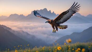 Eagle Soaring Over Mountain Landscape at Sunrise in Misty Valley photo