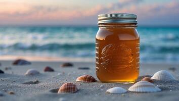Jar of Honey on Sand Beach Near the Ocean at Sunset photo