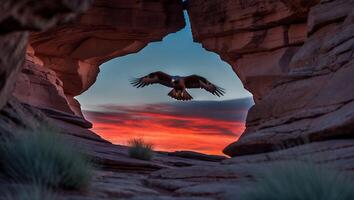 Eagle Flying Through Rock Archway at Sunset with Dramatic Sky photo