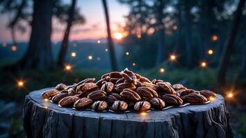 Pecan Nuts on Tree Stump at Dusk with Fireflies in Woods photo