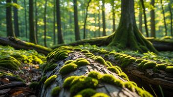 Moss Covering Fallen Log in Forest with Sunlight Streaming Through Trees photo