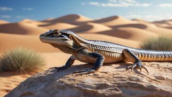 Lizard Resting on Desert Rock with Sand Dunes in Background photo