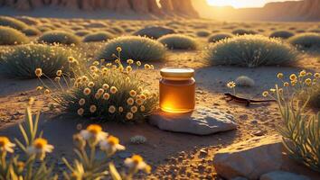 Honey Jar in Desert Landscape with Flowers and Lizard at Sunset photo