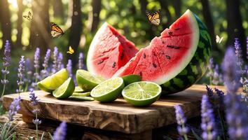 Watermelon and Lime Still Life on Wooden Board with Lavender photo