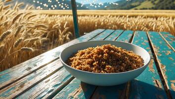 Bowl of Cooked Quinoa on Rustic Table in Wheat Field photo
