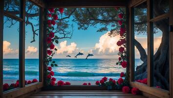 Dolphins Jumping in Ocean Seen Through Window Decorated with Roses photo