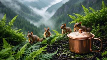 Squirrels Gathering Near Copper Pot with Mountain View in Nature photo