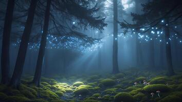 Walking in Ethereal Forest with Light Beams, Moss and Mushrooms photo