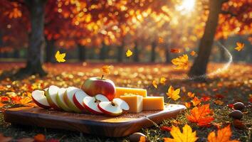 Autumn Picnic with Apple Slices and Cheese in Falling Leaves photo