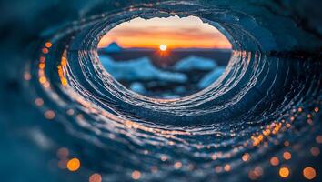 Ice Cave Tunnel View of Setting Sun Over Cold Landscape photo