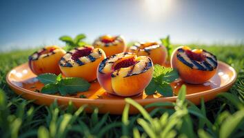 Grilled Peach Halves on Plate with Mint in Summer Meadow photo