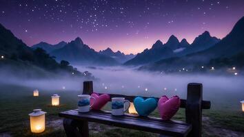 Mugs and Hearts on Bench at Night with Starry Mountain View photo