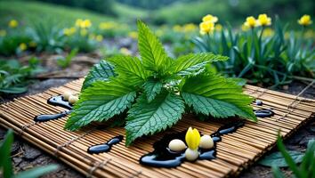 Fresh Green Leaves Displayed on Woven Mat with Liquid Accent photo