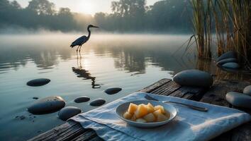 Peaceful Morning by Lake with Bird and Fruit Snack Setting photo
