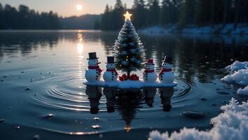 Snowmen and Christmas Tree on Snowy Island Reflecting in Lake photo