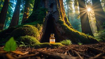 Small Bottle by Giant Tree in Mossy Forest with Sunlight photo