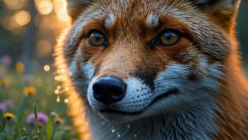 Fox Portrait Glistening in Sunlight Amidst Wildflowers in a Peaceful Meadow photo