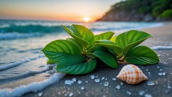 Seascape with Plant and Seashell at Sunset on Sandy Beach photo