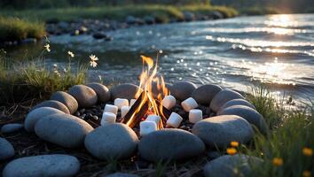 Burning Bonfire with Marshmallows Near River for Relaxing Camping photo